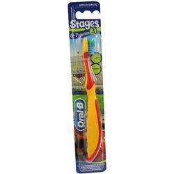 Gelbe Kinderzahnbürste in einer bunten Verpackung.