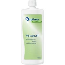 Eine Flasche Massageöl mit grünem Etikett und weißem Verschluss.