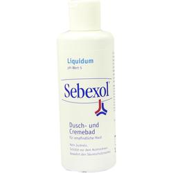 Weiße Flasche mit Sebexol Dusch- und Cremebad für empfindliche Haut.