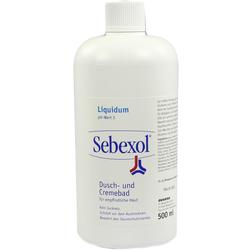 Eine weiße Flasche mit Sebexol Dusch- und Cremebad für empfindliche Haut.