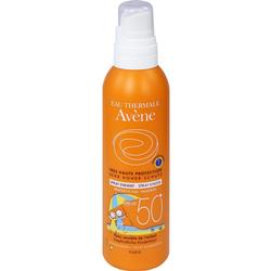 Orangene Flasche Sonnenspray für Kinder mit Lichtschutzfaktor 50+.