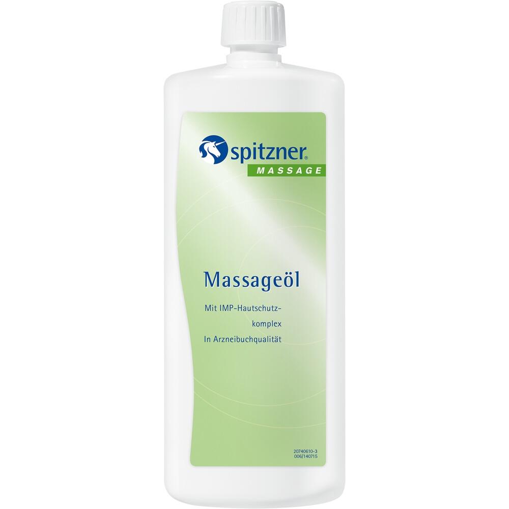Eine Flasche Massageöl mit grünem Etikett und weißem Verschluss.
