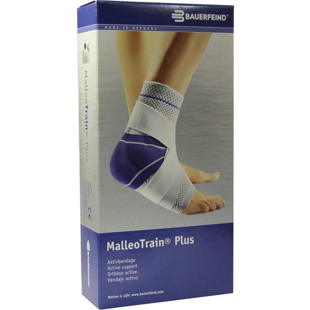 Ein Fuß trägt eine Stützbandage, die "MalleoTrain Plus" heißt.