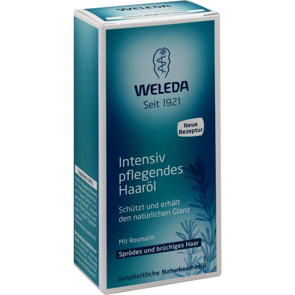Eine blaue Schachtel Weleda Haaröl für sprödes Haar mit Rosmarin.