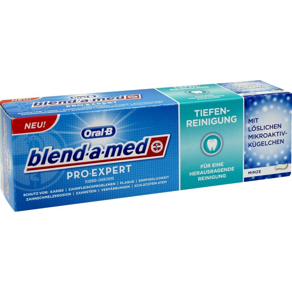 Eine Zahnpasta-Schachtel von blend-a-med mit Tiefenreinigung und Minzgeschmack.