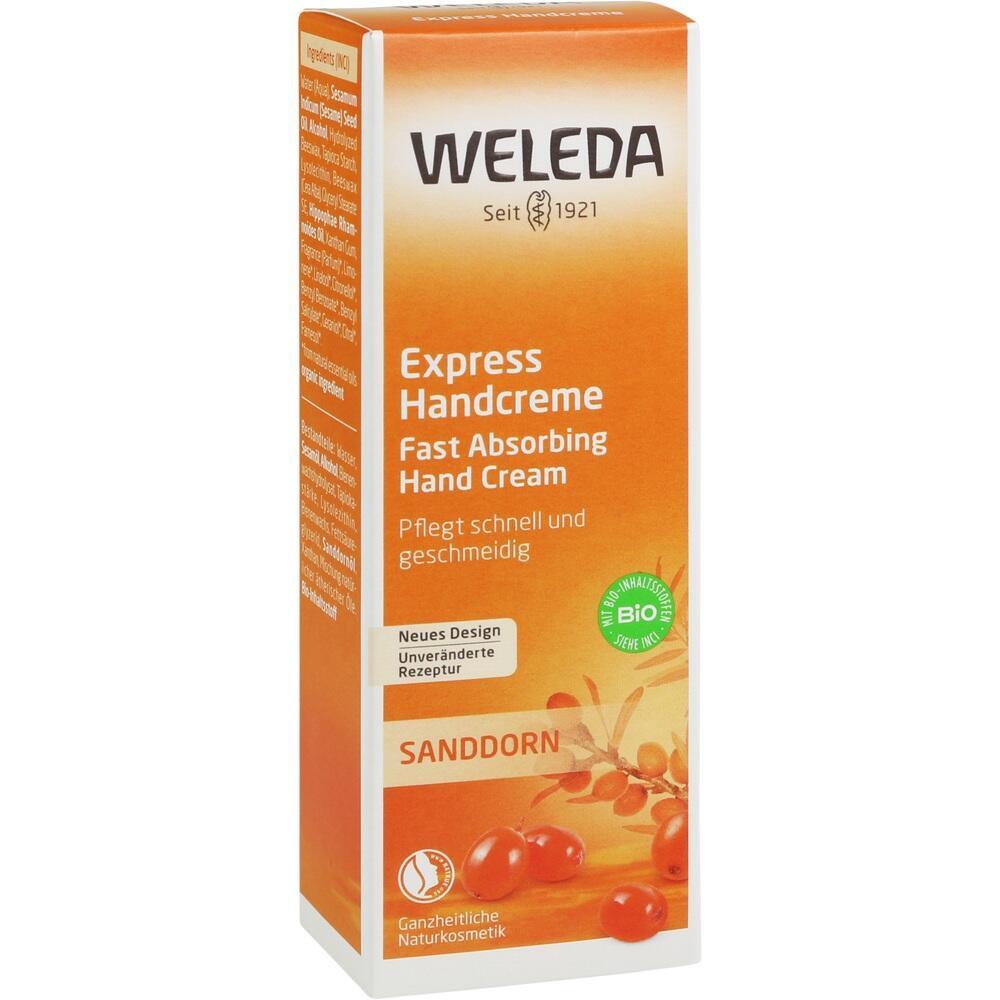 Orangefarbene Verpackung einer Handcreme mit Sanddorn-Abbildung und Bio-Siegel.