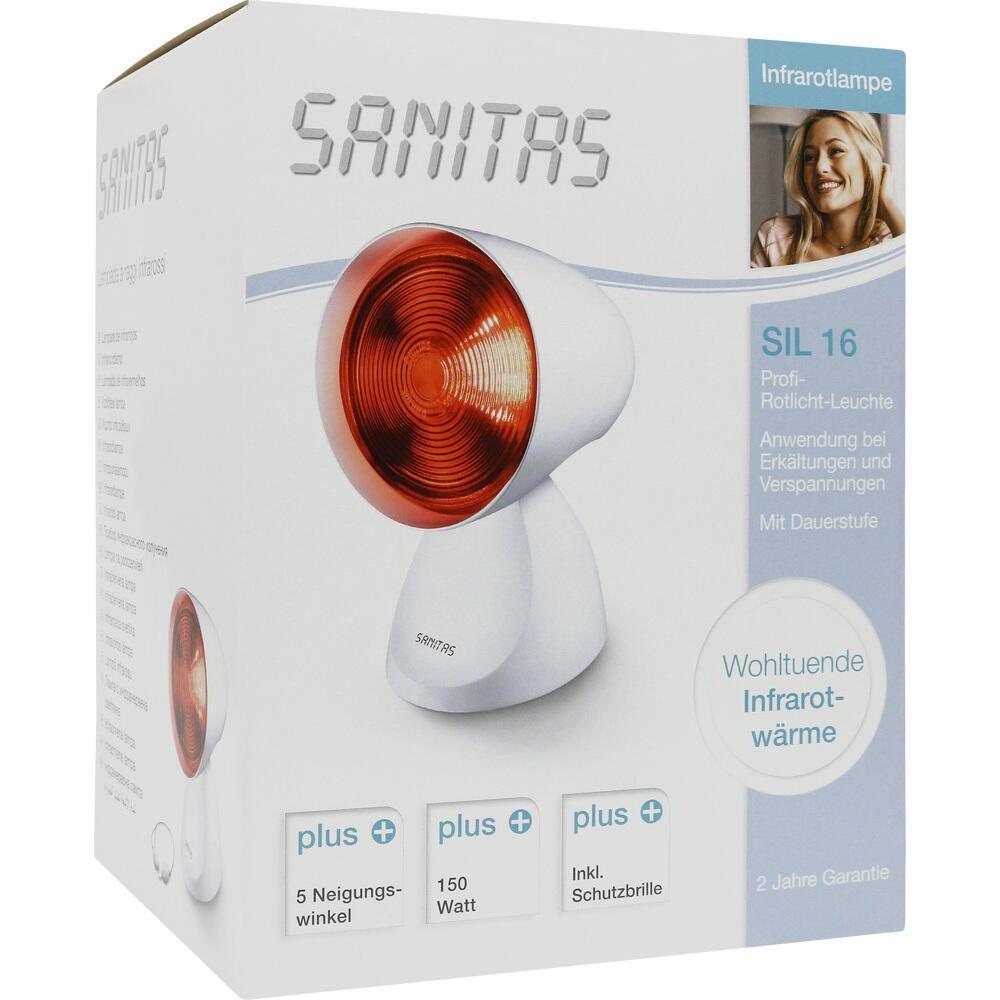 Verpackung einer Sanitas Infrarotlampe zur Linderung von Erkältungen und Verspannungen.