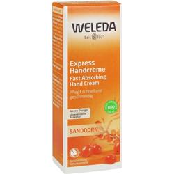 Orangefarbene Verpackung einer Handcreme mit Sanddorn-Abbildung und Bio-Siegel.